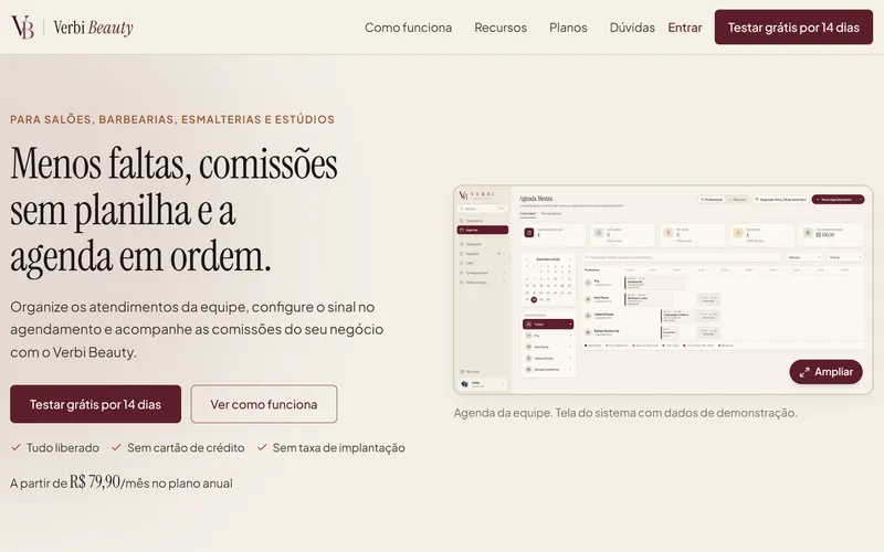 Página do Verbi Beauty com o título "Menos faltas, comissões sem planilha e a agenda em ordem" e a tela da agenda da equipe